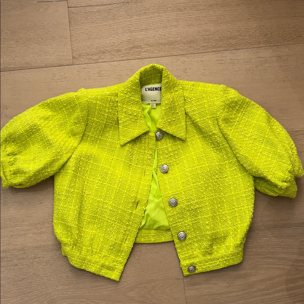 L'AGENCE Neon Lime Tweed Puff-Sleeve Jacket